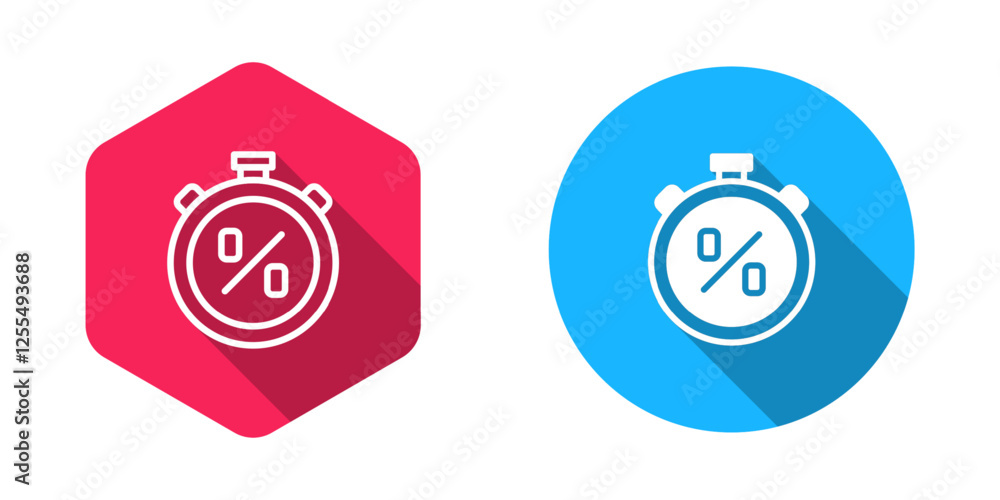 Poster filled and outline stopwatch with percent discount icon isolated with long shadow background. time t