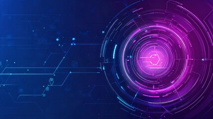 Obraz premium Futuristic digital interface with a circular, glowing core surrounded by intricate, high-tech patterns and neon-lit elements in shades of blue, purple, and pink.