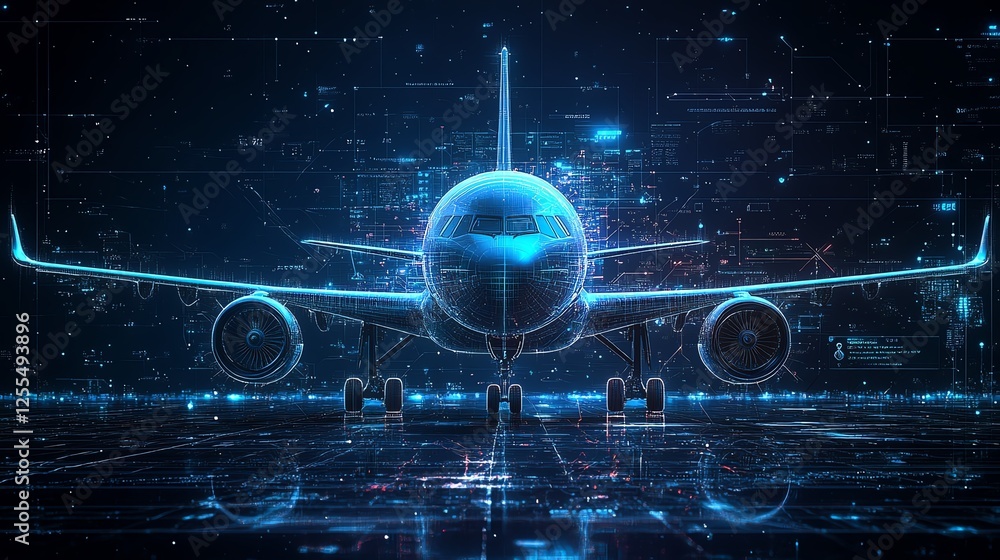 Aufkleber Abstract digital art of an airplane with a futuristic interface at the center, aerospace and aeronautics concept, hightech visualization
