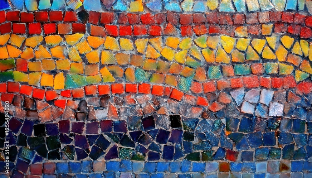 Poster abstract mosaic artwork with colorful geometric tiles creating a dynamic pattern for modern interior design and decor