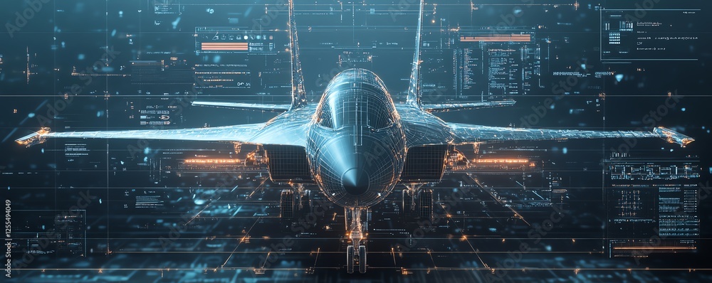 Aufkleber airplane in the center of the image with a futuristic interface, abstract digital aerospace and aero
