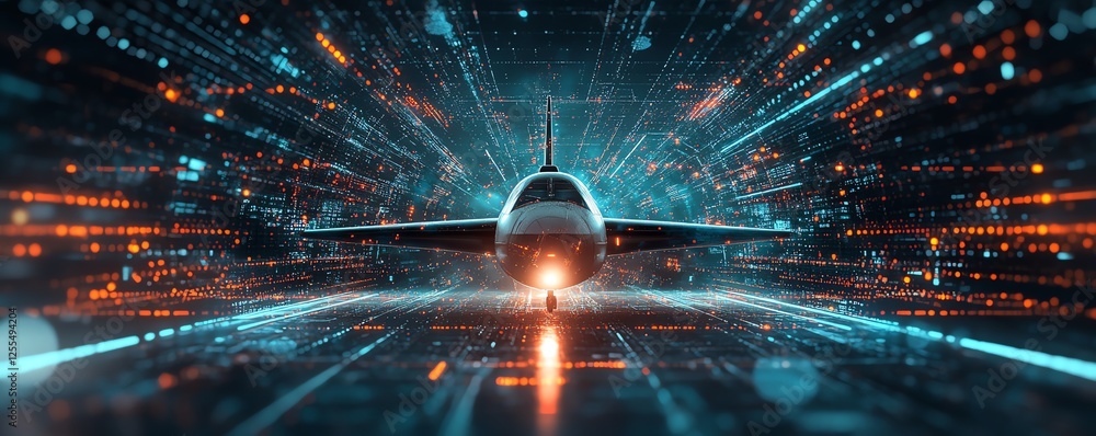 Poster airplane in the center of the image with a futuristic interface, abstract digital aerospace and aero