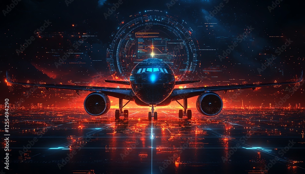 Aufkleber airplane with futuristic interface at the center, abstract design of aerospace and aeronautics, tech