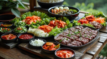 Obraz premium A hot Korean BBQ table with sizzling beef, fresh lettuce wraps, and spicy kimchi