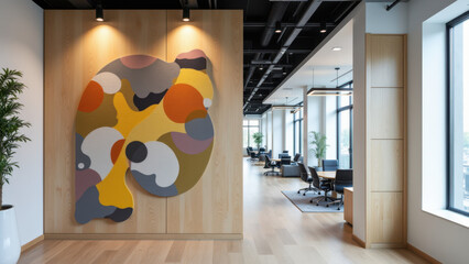 Modern office with colorful acoustic panel art on wooden wall.
