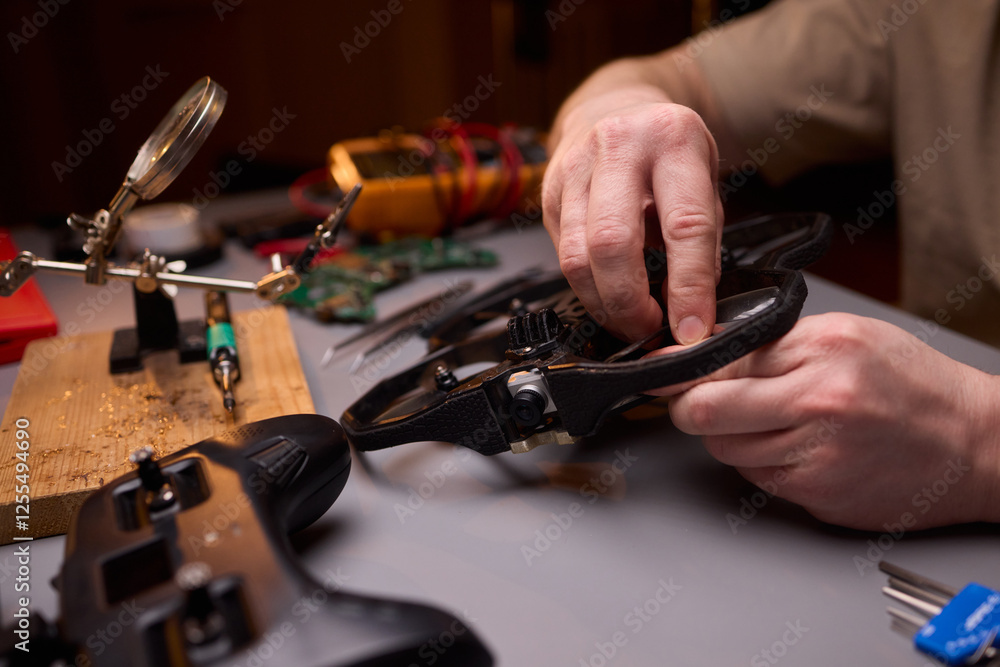 Poster conducting detailed and precise repair work using various tools and electronic components