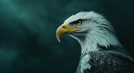 Obraz premium Close-up of an eagle's head turned elegantly, revealing its sharp beak and striking eyes in a dramatic setting