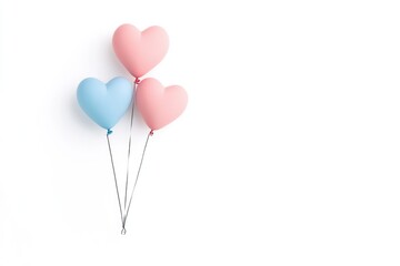Three heart-shaped balloons in pastel colors against a white background