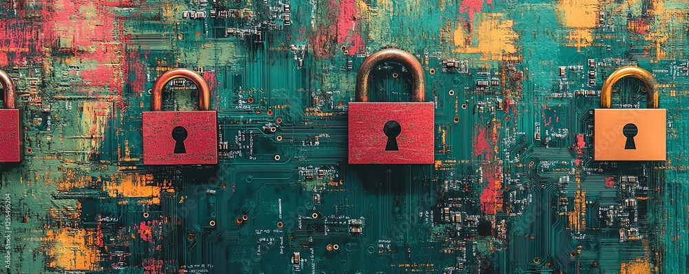 Fototapete closeup digital art of a circuit board with multiple padlocks, symbolizing data privacy compliance a
