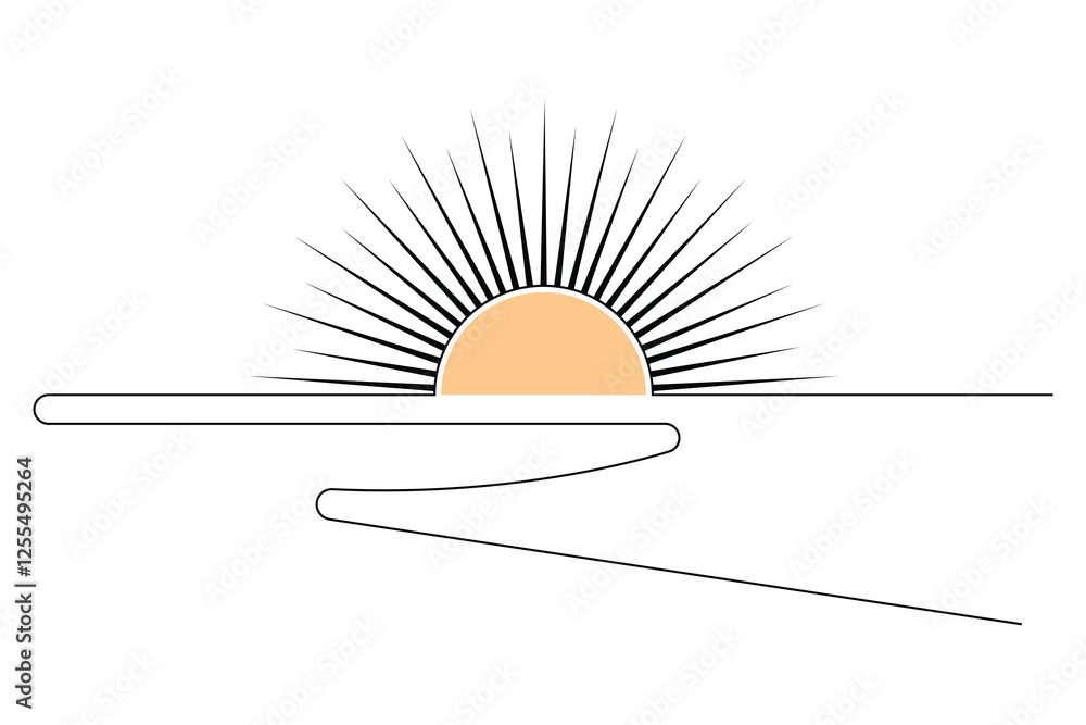 Poster sunset and cloud continuous one line drawing of minimalist outline vector design