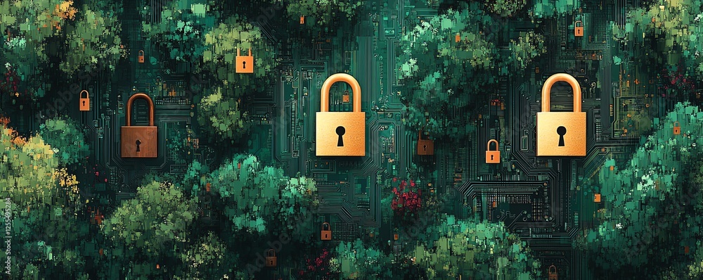 Aufkleber closeup digital art of a circuit board with multiple padlocks, symbolizing data privacy compliance a