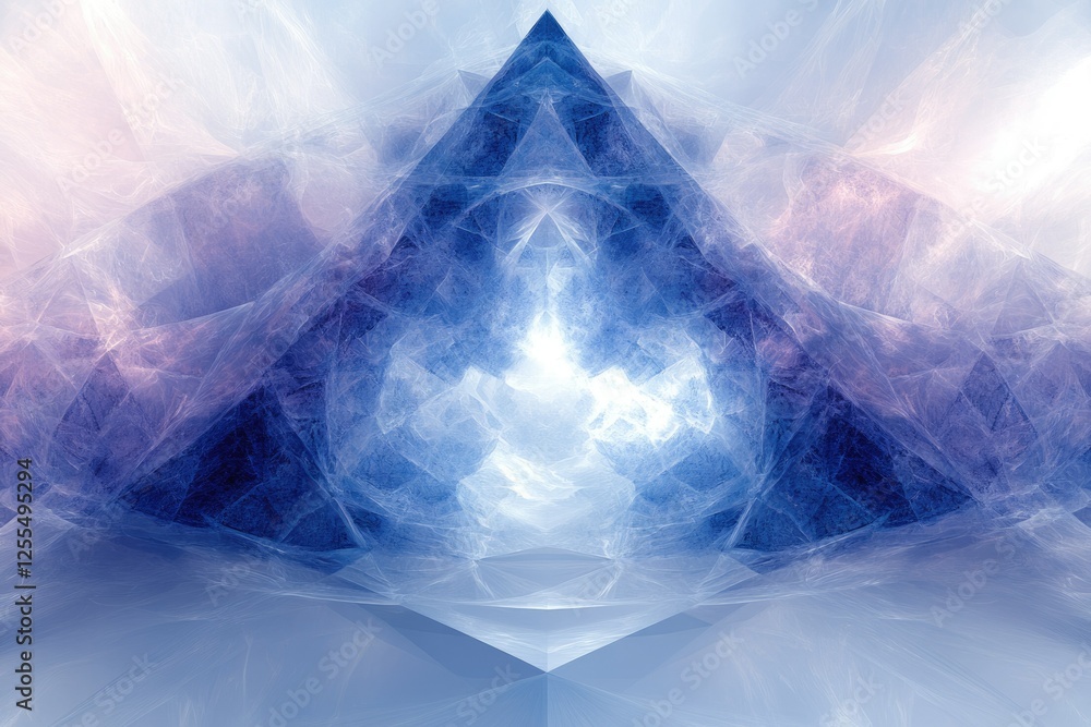 Poster abstract fractal art depicting a crystalline, pyramidal structure with a glowing core, evoking feeli