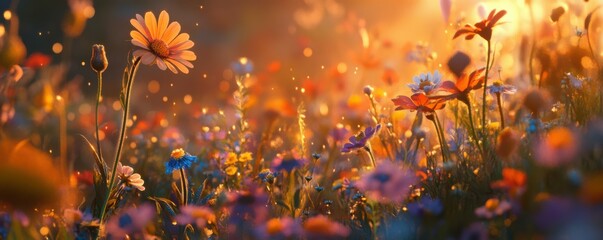 Vibrant wildflowers in golden sunset with sparkling light effects