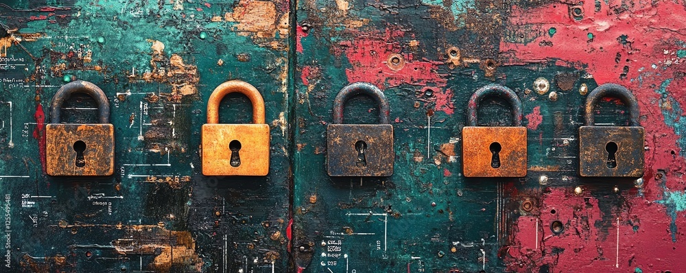 Poster Closeup digital art of a circuit board with multiple padlocks, symbolizing data privacy compliance and cybersecurity measures