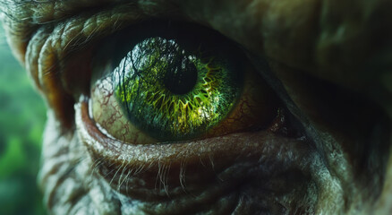 A close-up of an elf's eye captures the vivid greens and intricate patterns, blending with reflections of surrounding foliage