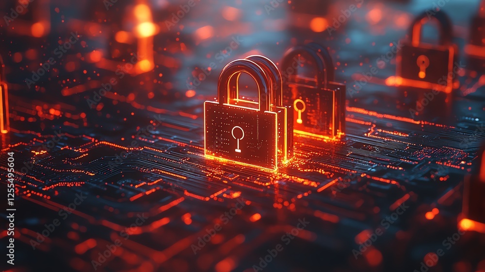 Leinwandbilder Closeup of a circuit board with multiple padlocks arranged, symbolizing data privacy compliance and cybersecurity protection