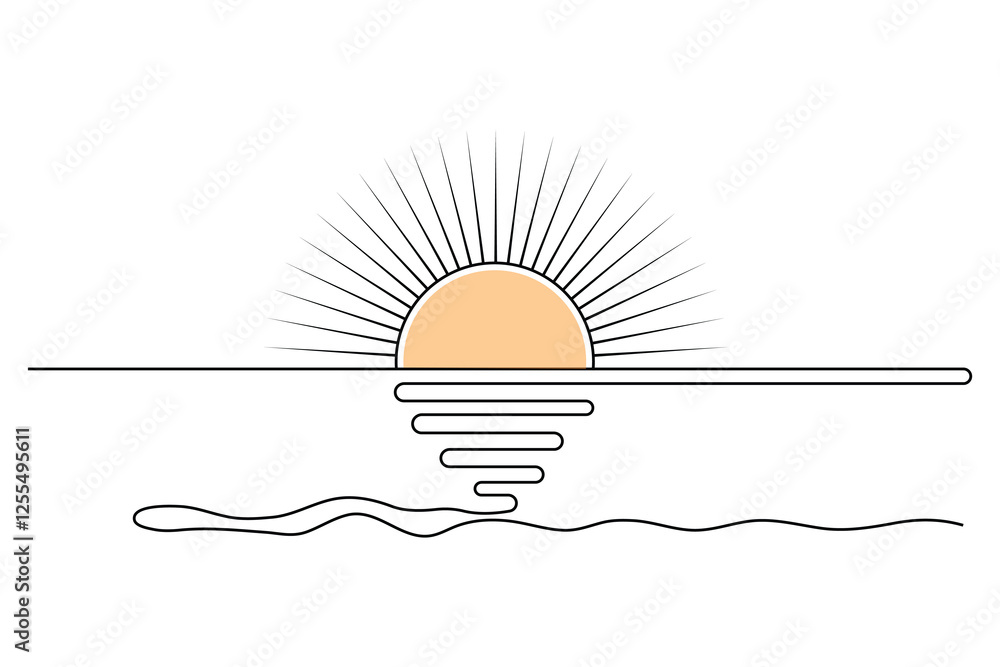 Poster sunset and cloud continuous one line drawing of minimalist outline vector design