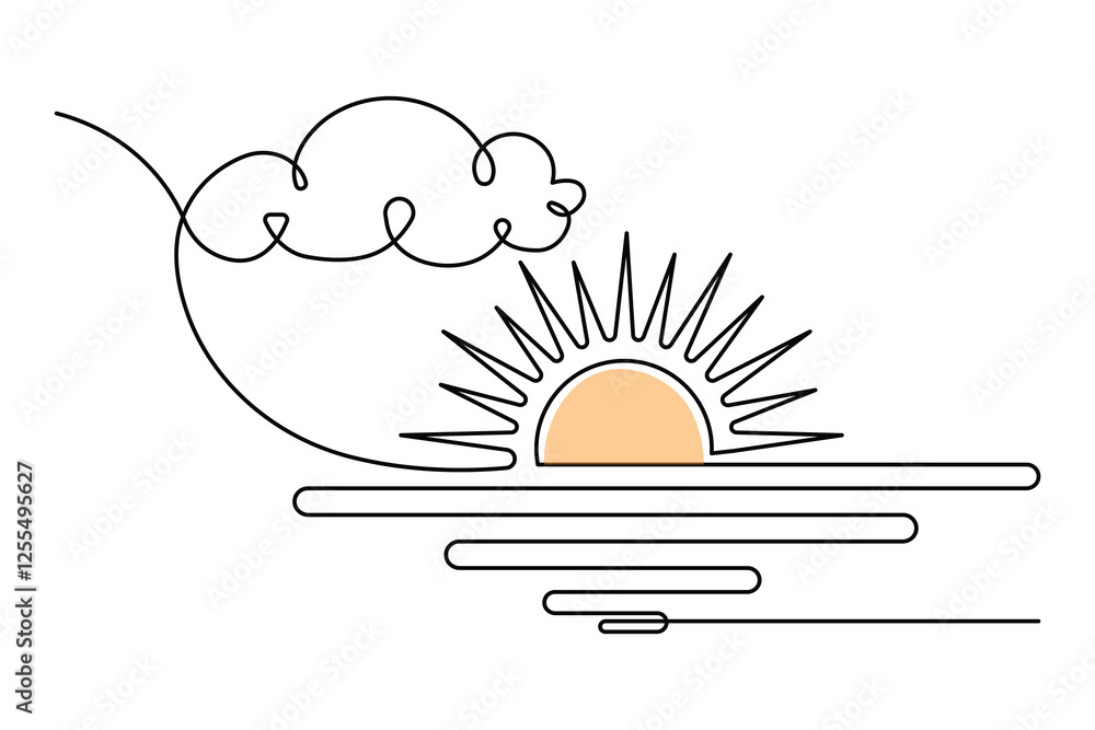 Poster sunset and cloud continuous one line drawing of minimalist outline vector design