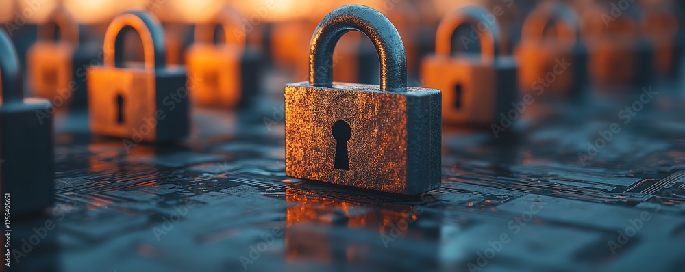 Poster Closeup of a circuit board with multiple padlocks arranged, symbolizing data privacy compliance and cybersecurity protection