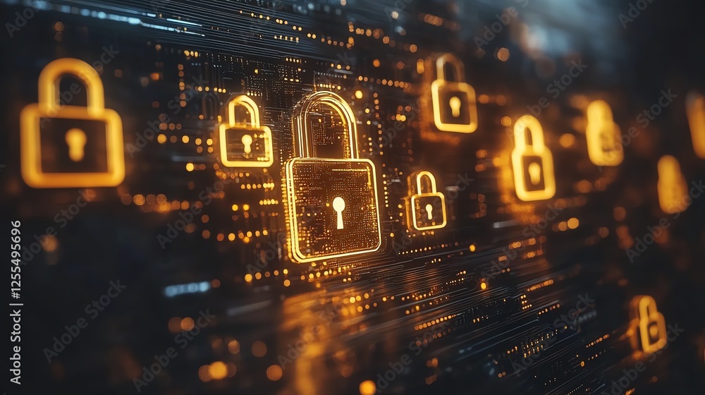Poster Closeup of a circuit board with multiple padlocks arranged, symbolizing data privacy compliance and cybersecurity protection