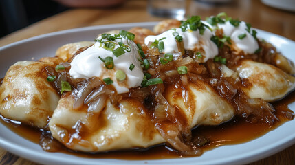 A Polish pierogi platter, soft dumplings filled with potato and cheese, topped with caramelized onions and sour cream. 
