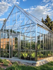 Obraz premium Contemporary Glass Greenhouse with Thriving Plants and Clear Blue Sky