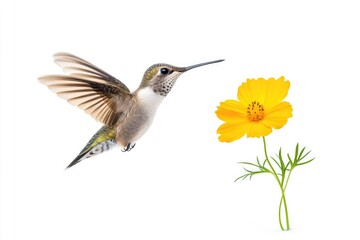 Fototapeta premium Hummingbird hovering near vibrant yellow flower against a white background