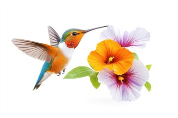 Obraz premium Vibrant Hummingbird Hovering Near Colorful Flowers in a Bright Setting
