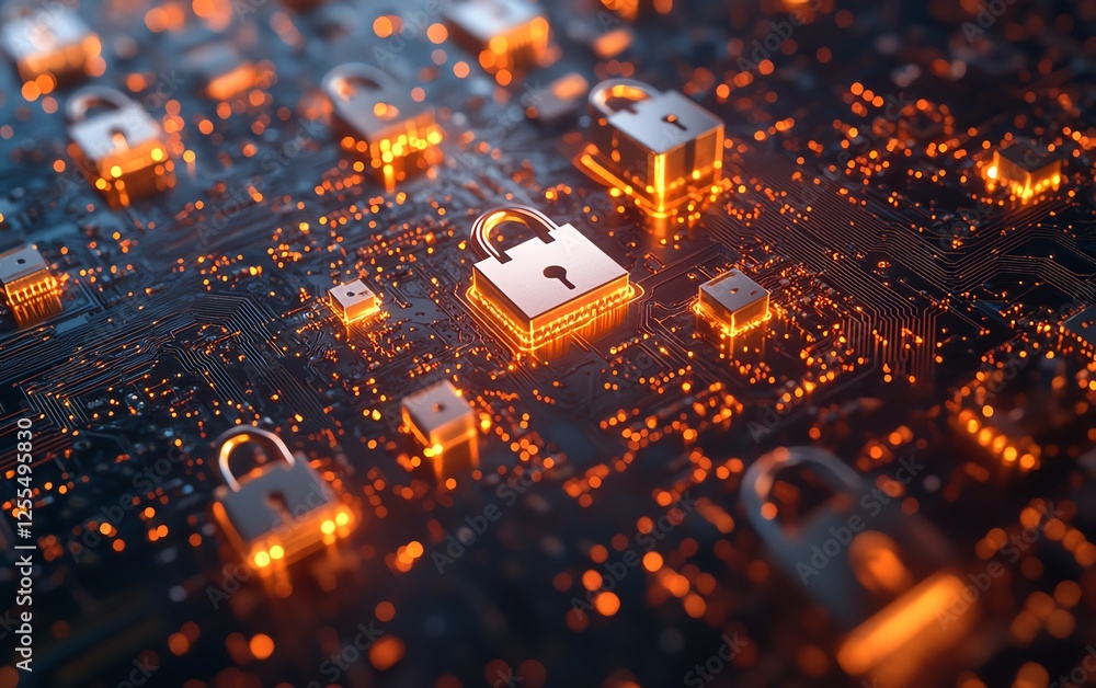 Poster Closeup view of a circuit board with multiple padlocks arranged, representing strong data privacy compliance and secure systems