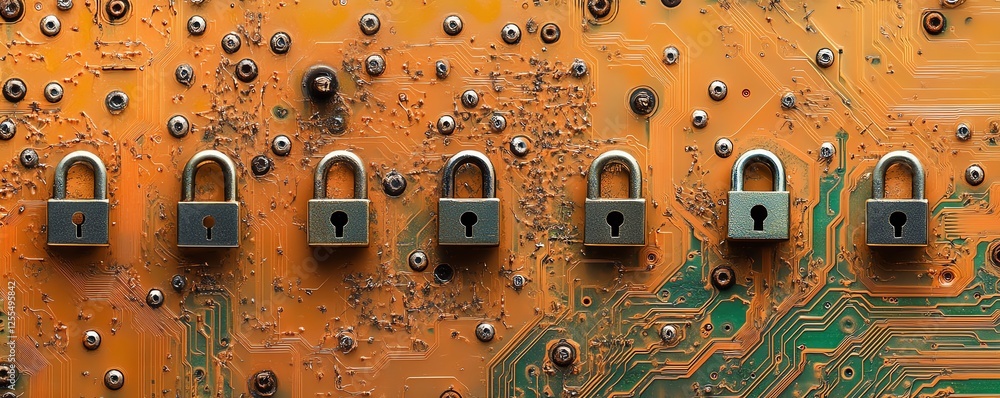 Leinwandbilder closeup of a circuit board with multiple padlocks arranged, symbolizing data privacy compliance and 