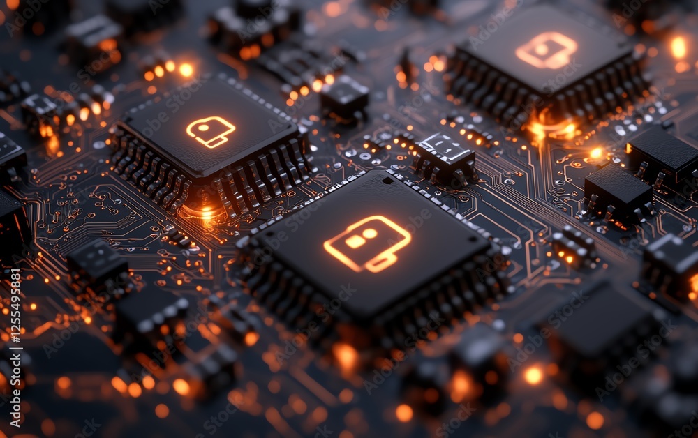 Poster Closeup view of a circuit board with multiple padlocks arranged, representing strong data privacy compliance and secure systems