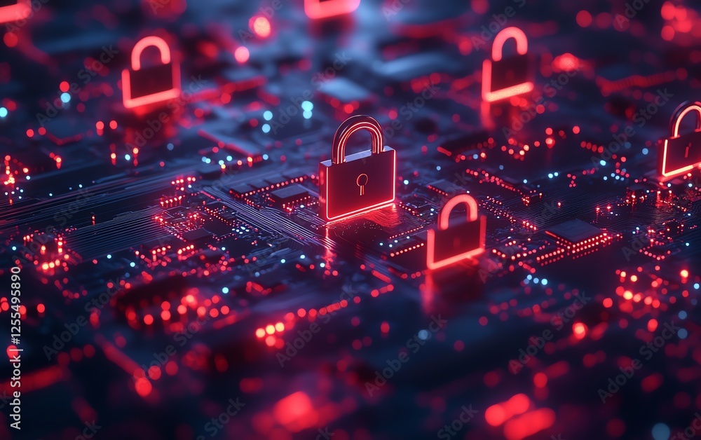 Poster Closeup view of a circuit board with multiple padlocks arranged, representing strong data privacy compliance and secure systems