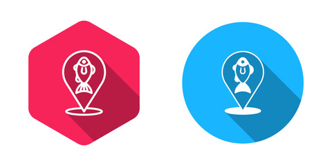 Filled and outline Location fishing icon isolated with long shadow background. Fishing place. Vector