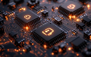 Fototapeta premium Closeup view of a circuit board with multiple padlocks arranged, representing strong data privacy compliance and secure systems