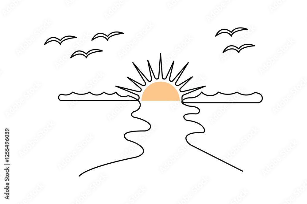 Poster sunset and cloud continuous one line drawing of minimalist outline vector design