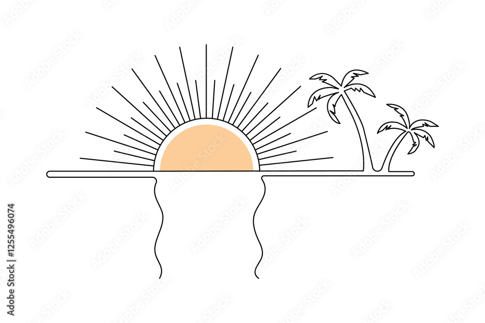 Poster sunset and cloud continuous one line drawing of minimalist outline vector design