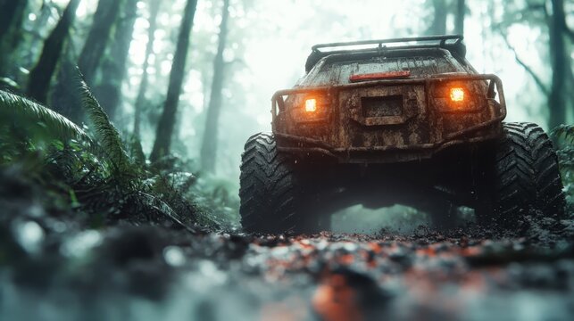 An electric vehicle captured from the rear, immersed in the wild, muddy terrain, symbolizing exploration, adventure, and embracing the challenges of nature.