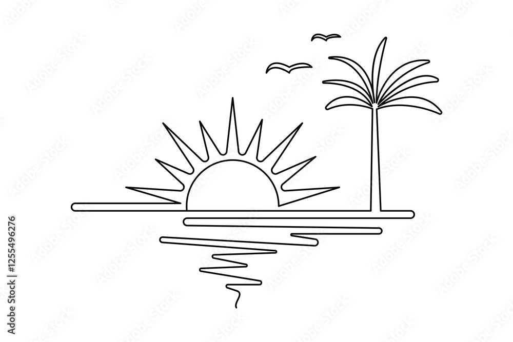 Poster sunset and cloud continuous one line drawing of minimalist outline vector design