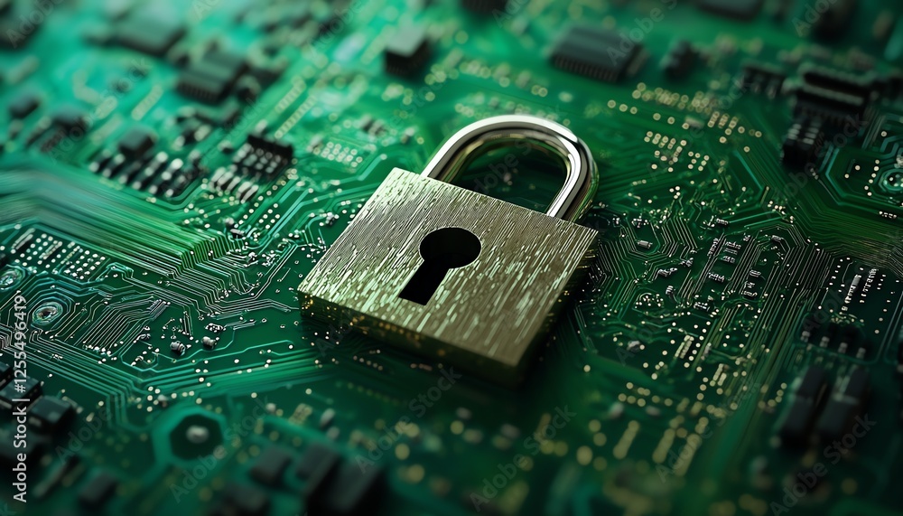 Poster Digital 3D rendering of a padlock icon on a computer circuit board, representing cybersecurity and data protection