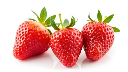 A vibrant red strawberry sits elegantly on a pristine white backdrop, its luscious curves invitingly turned leftward, captured in exquisite detail at the heart of the composition