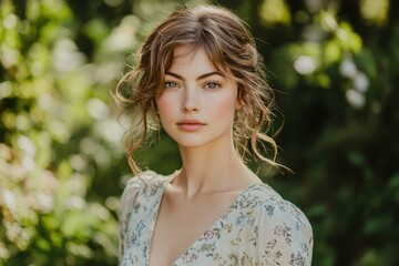 Naklejka premium A young woman with wavy brown hair, wearing a floral dress, poses outdoors in a garden setting.