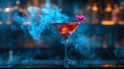 A vibrant cocktail in a martini glass features a striking floral garnish, with colorful smoke and a lively bar atmosphere in the background
