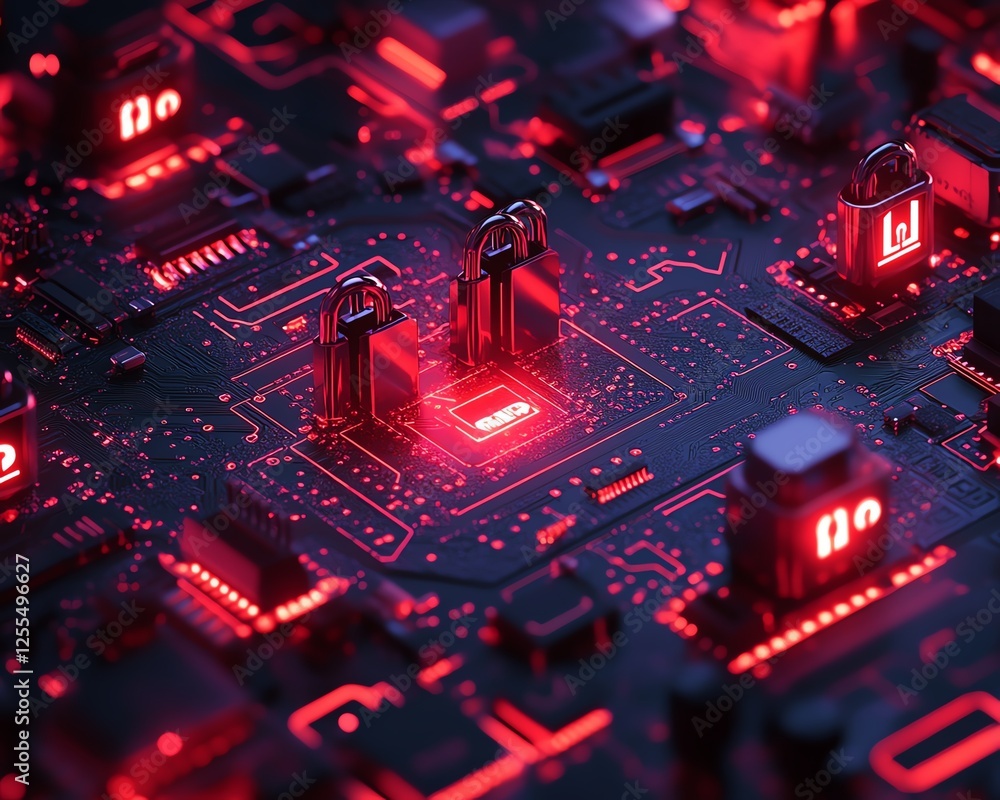 Poster digital art of a circuit board with padlocks arranged to ensure data privacy compliance, highlightin