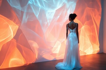Fototapeta premium A woman in a white gown stands before a vibrant, flowing orange and blue textile backdrop.