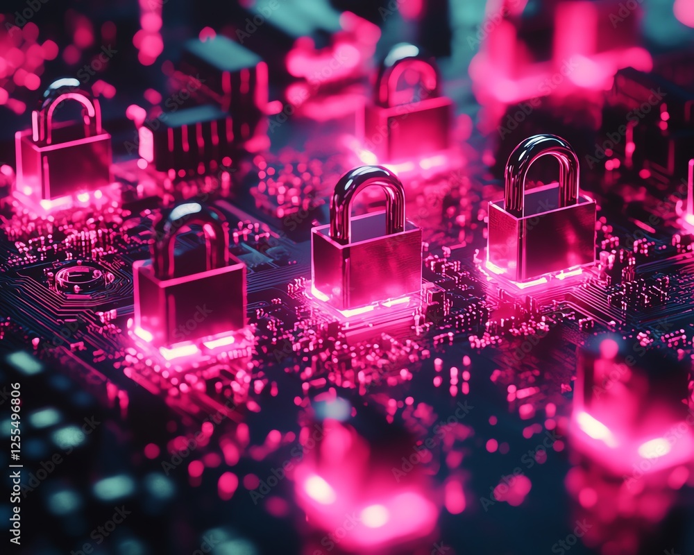 Poster digital art of a circuit board with padlocks arranged to ensure data privacy compliance, highlightin