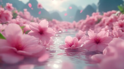 Pink cherry blossoms float gently on calm water