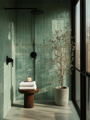 green modern bathroom interior with shower