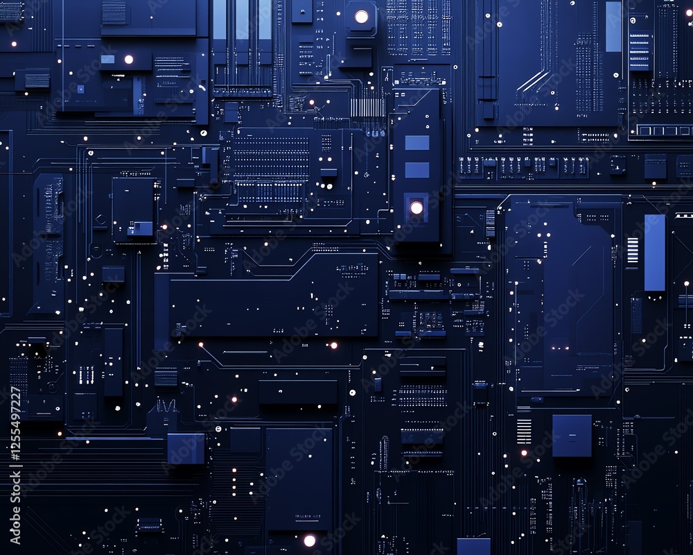 Poster digital circuit board design in minimalistic blueprint style on dark blue background, sleek and futu
