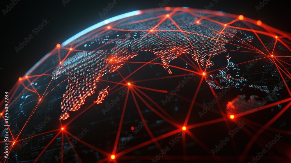 Poster a digital representation of a global network, showcasing interconnected nodes and data across a styl