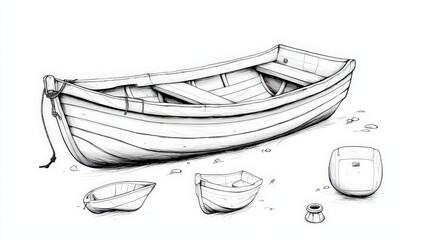 Sketch of a Wooden Rowboat with Small Accessories and Scattered Pebbles on Ground